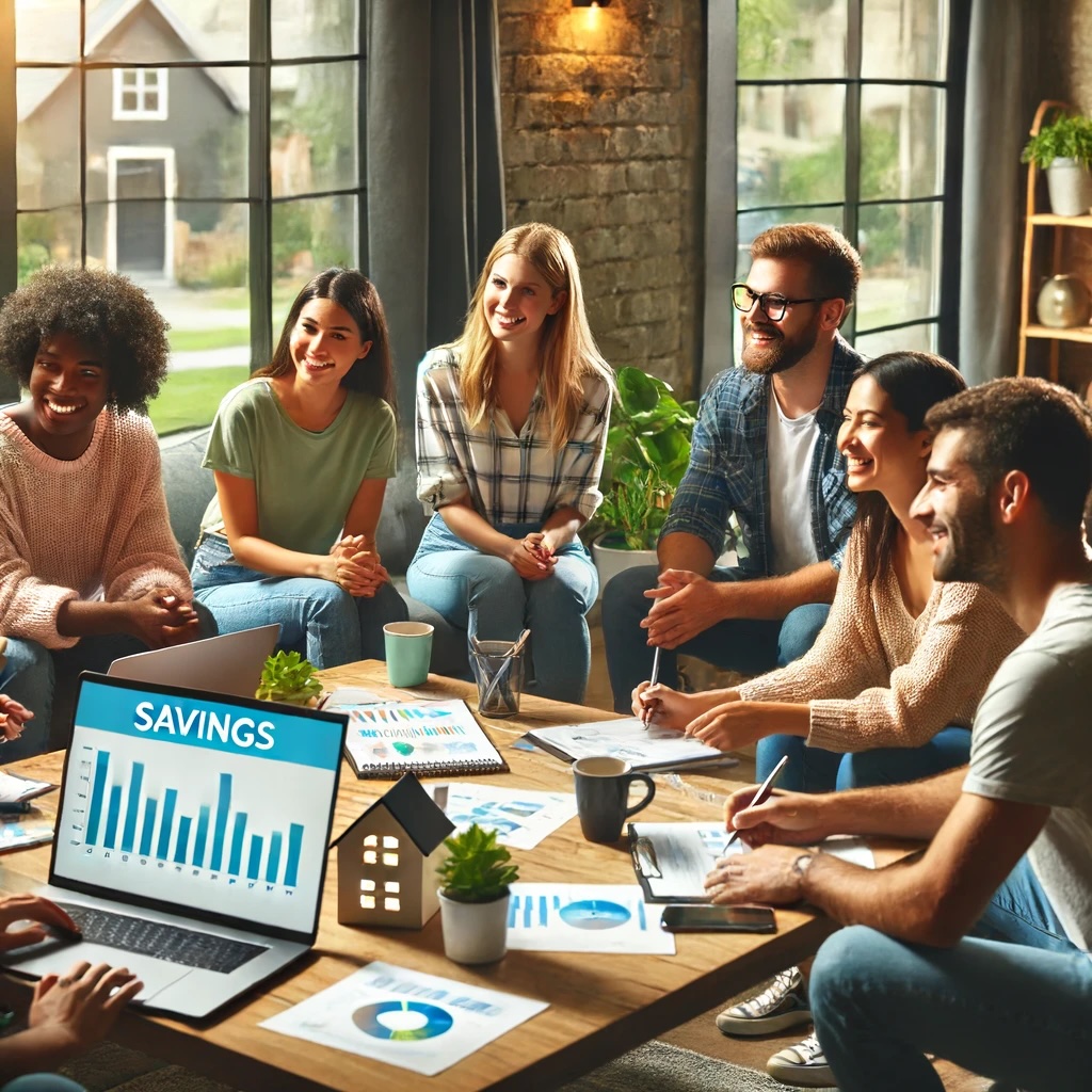 A-diverse-group-of-first-time-homebuyers-discussing-savings-strategies-in-a-cozy-modern-living-room-setting.-There-are-charts-and-budget-sheets-on-the-computer-screen